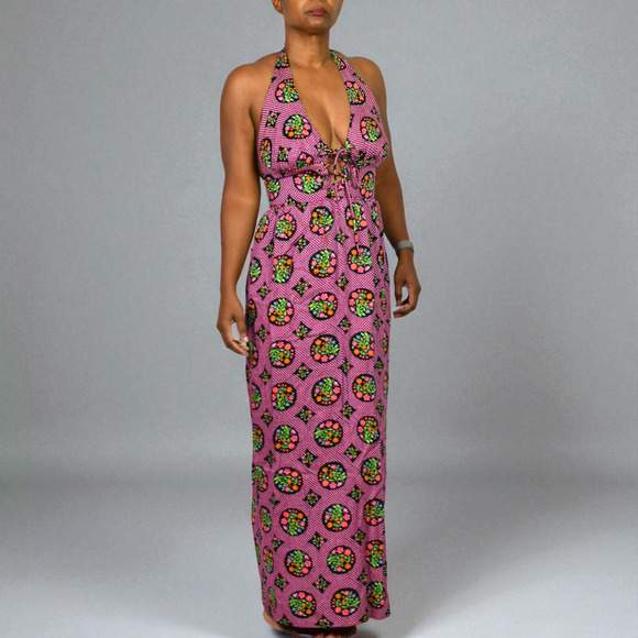 Vintage Halter Maxi Dress Pink Acrylic Floral Print Garden Coverup Hippie Small - Picture 10 of 15